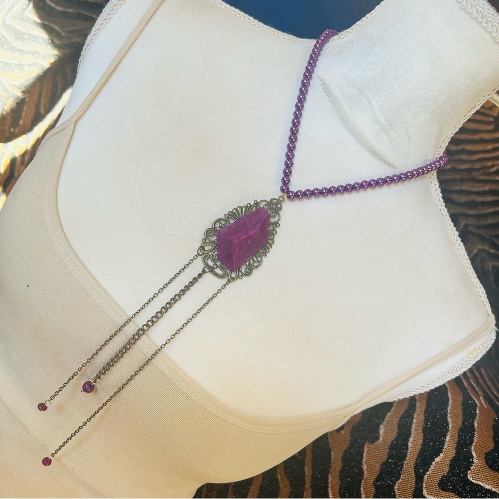 Handcrafted purple faceted high dome brass filigree pendant beaded necklace